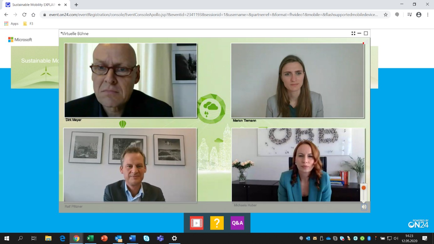 Screenshot von Konferenz Teilnehmer: Dirk Meyer, Leiter Digitalagenda im Bundesumweltministerium, (oben links); Marion Tiemann, Kampaignerin Mobilität und Klimawandel bei Greenpeace (oben rechts); Ralf Pfitzner, Leiter Nachhaltigkeit bei Volkswagen (unten links); Michaela Huber, Vorständin der ÖBB-Personenverkehr AG (unten rechts)