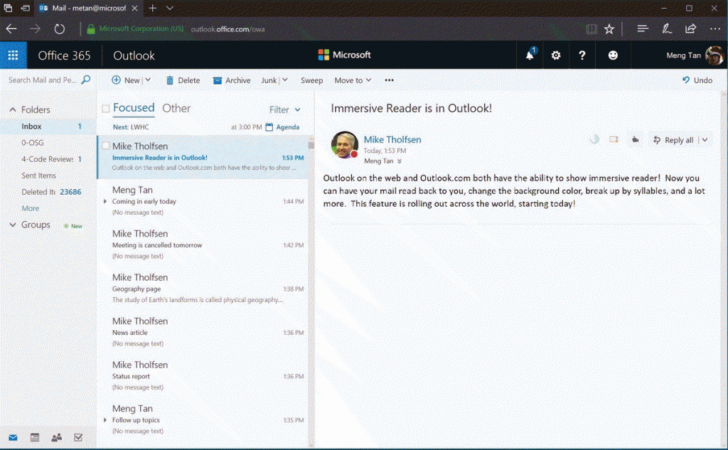 Screenshot von einer Mail in Outlook über den Immersive Reader