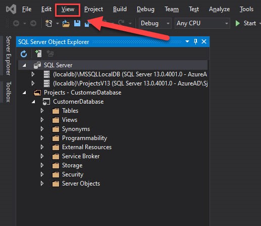 The View menu highlighted in Visual Studio.