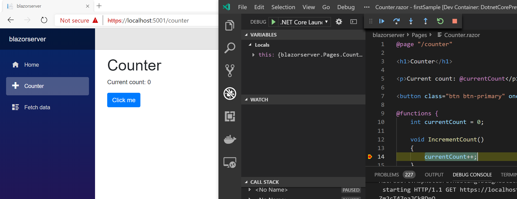 Setting a breakpoint in a .razor page file