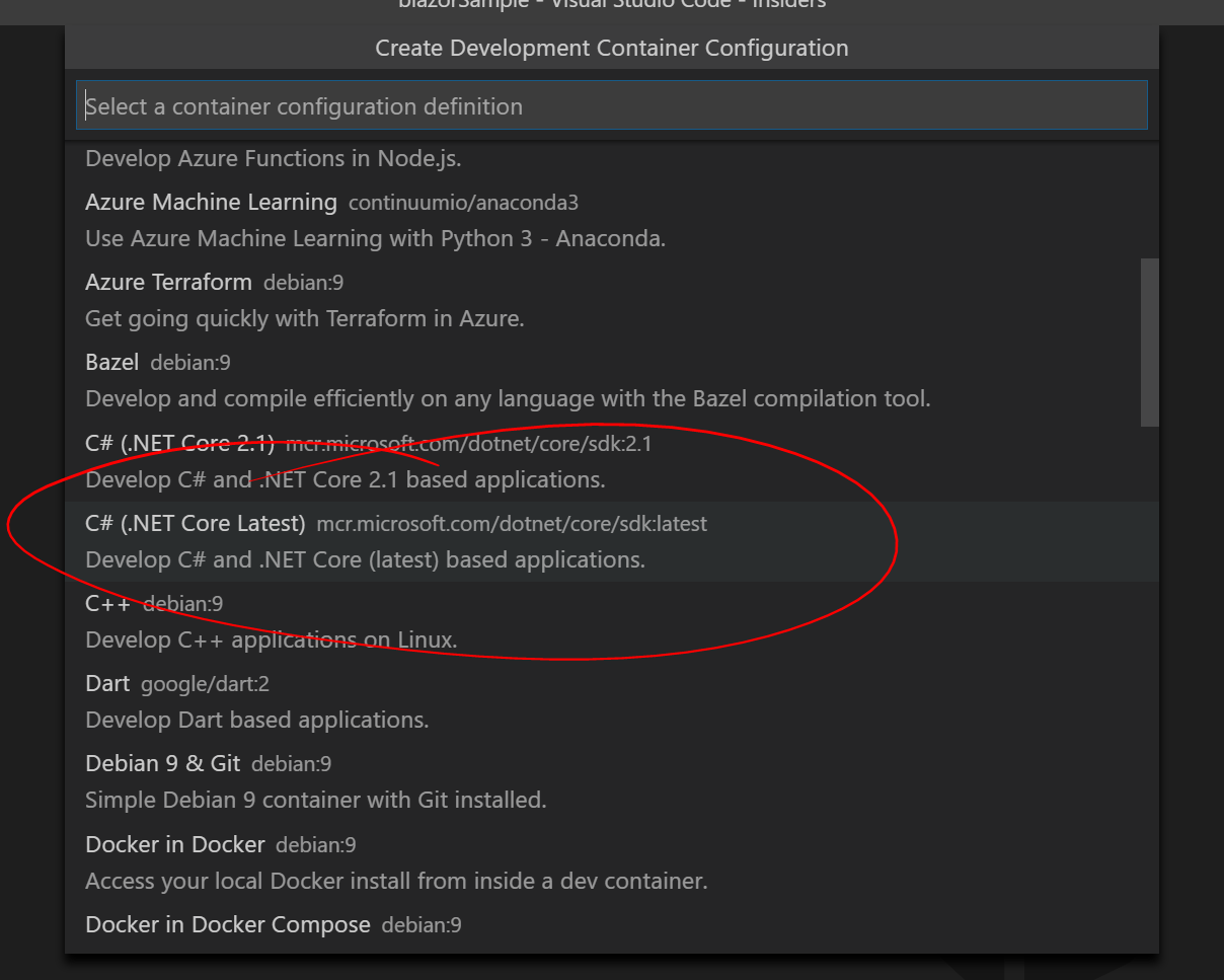 Picking the .NET Core (latest) pre-defined template.