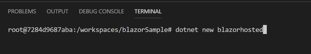 Using 'dotnet new blazorhosted' to create a new solution using the Blazor ASP.NET Core Hosted template, in a bash shell