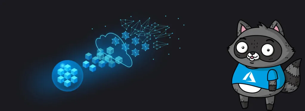 A drawing that represents the cloud and AI, next to an image of Bit the Raccoon on the right.