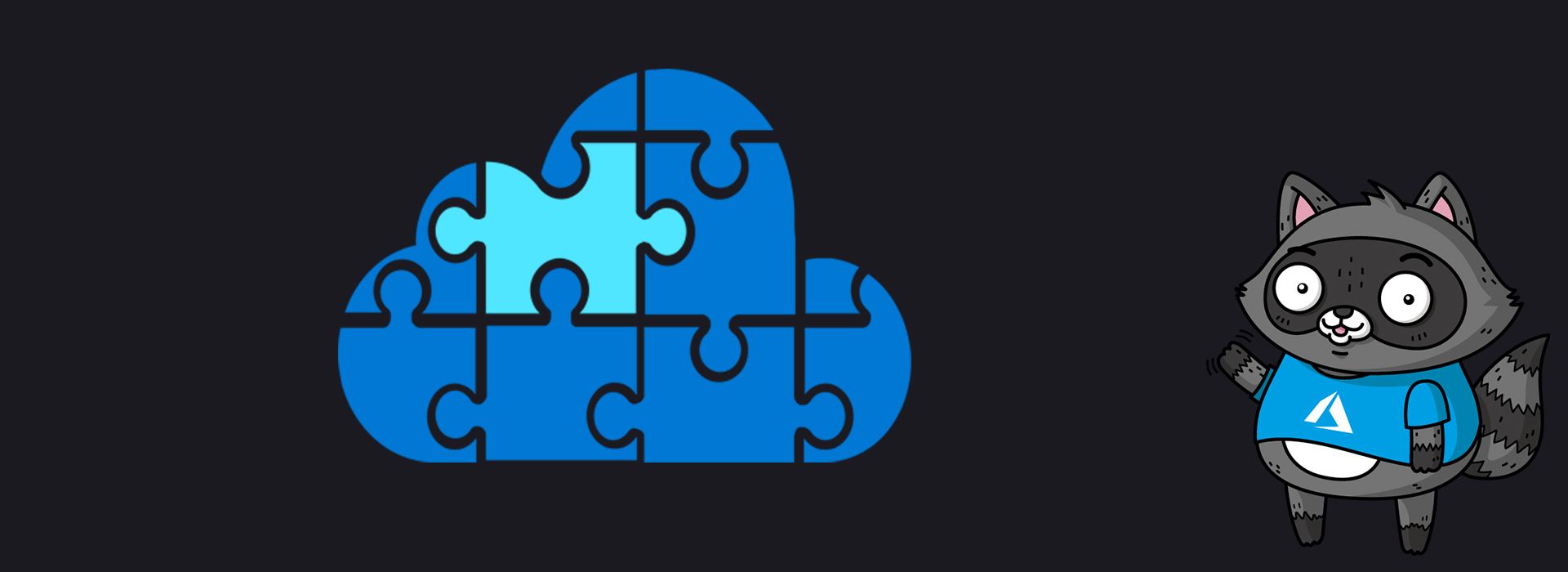 An illustration of a cloud made of puzzle pieces, with a drawing of Bit the Raccoon to the right of the image.