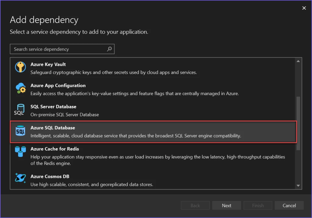 The Add Dependency dialog, with Azure SQL Database highlighted.