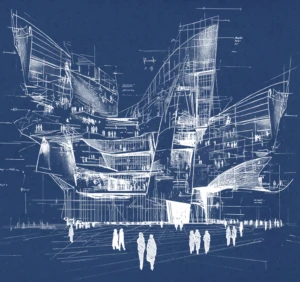 Illustration of people entering a structure