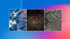 Three different satellite views. A mountain range, a city at night, a city during the day.