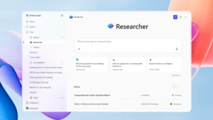 A screenshot of the Researcher agent UI overlaid on a colorful graphic design background.