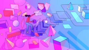 A woman standing on stairs with many geometric shapes against a pink and blue colorful background