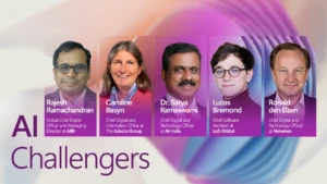 A decorative graphic with five headshots of business leaders on a purple and orange background with the text "AI Challengers" on the bottom left.