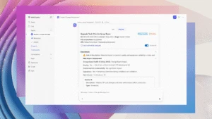 Example of UI for Product Change Management agent template from Microsoft on an abstract background of white, peach, and pink.