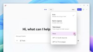 A screenshot of Microsoft Copilot with a dropdown menu open in the upper-right corner showing response modes. Options include Auto, Quick response, Think deeper, More, response, and Think deeper. The main interface displays a greeting with a text box labeled Message Copilot.