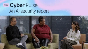 Abstract background with the text "Cyber Pulse An AI security report" and an image of three people sitting and talking.