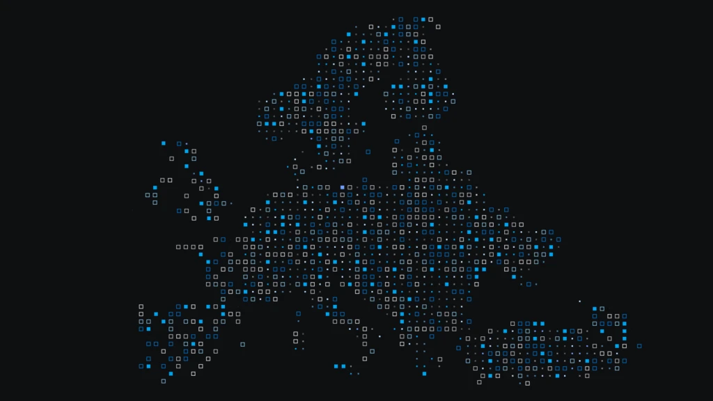 Map made of different shades of blue and grey dots.