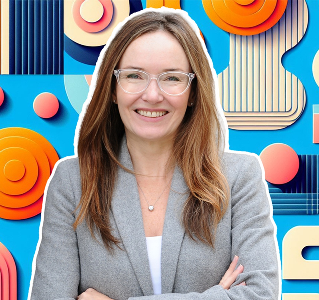 A woman in front of a background of colors and shapes.