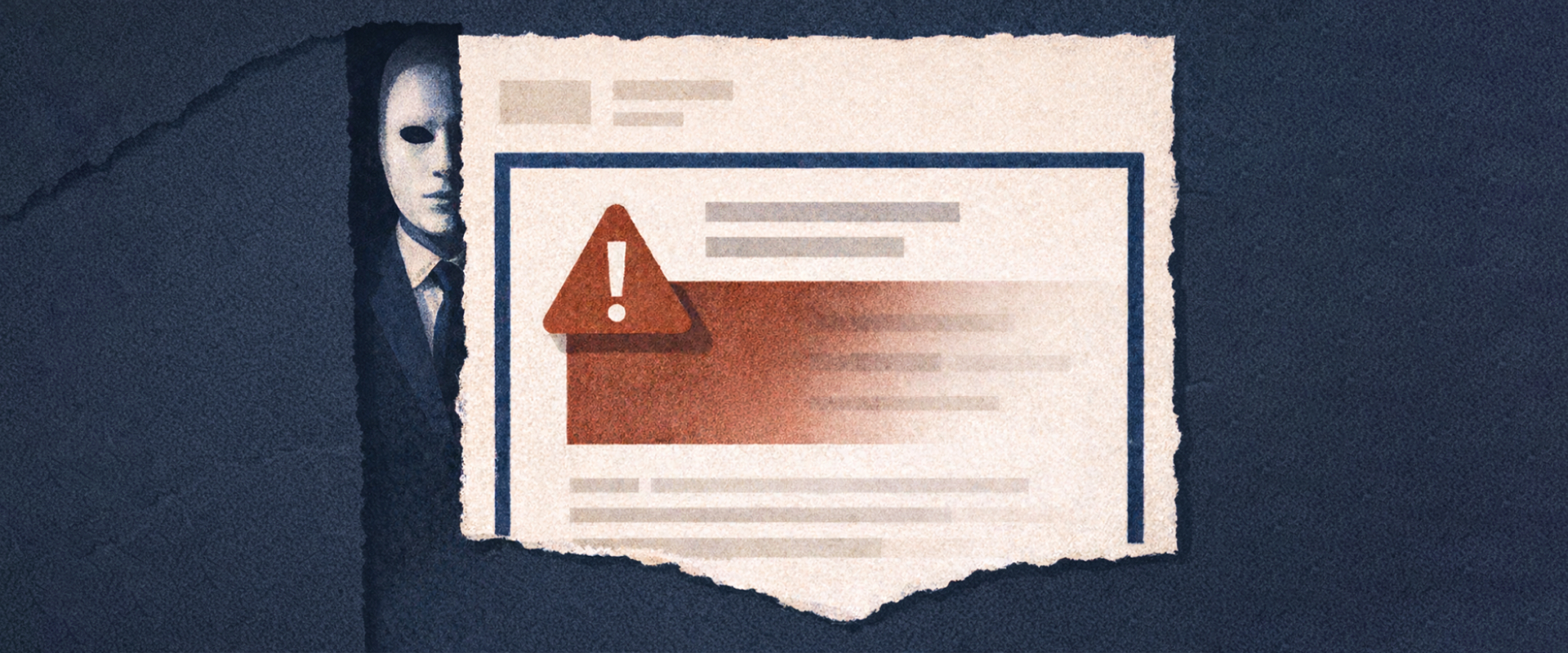 An illustration of a shadowy, masked figure, partially obscured by an email message with a red warning symbol.