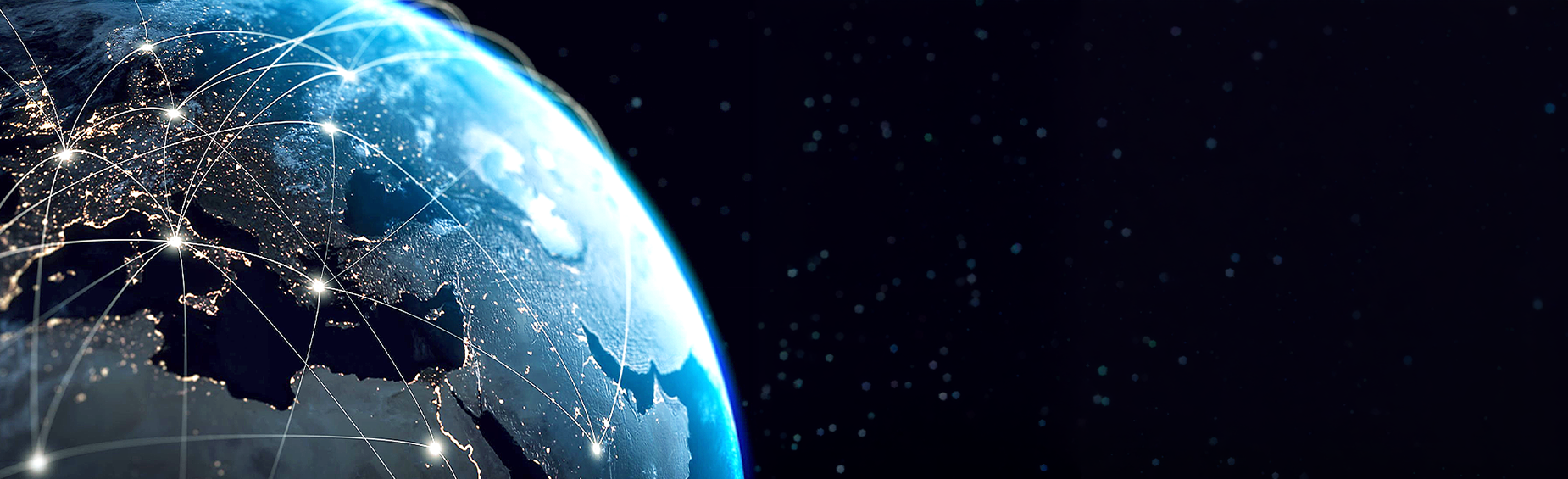 A view of Earth from space with illuminated network lines connecting different locations across continents