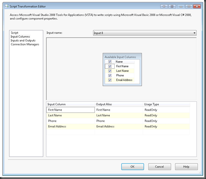 Script Transformation Editor window