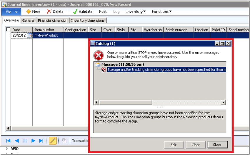 Create journal line for product with missing setup