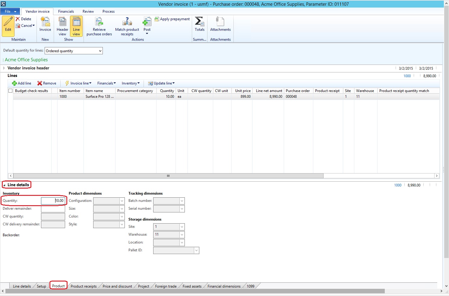 Vendor invoice. Product tab and quantity filed.