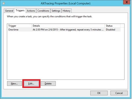 AX tracing properties. Triggers tab.
