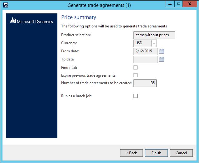 Generate trade agreements. Price summary.