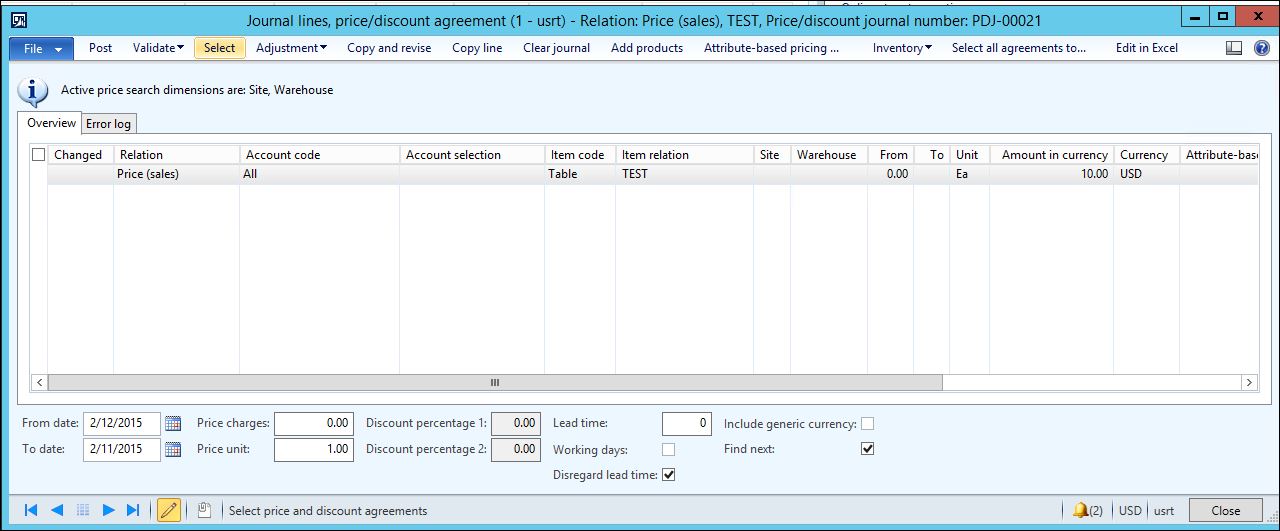 The Price/discount agreement journal.