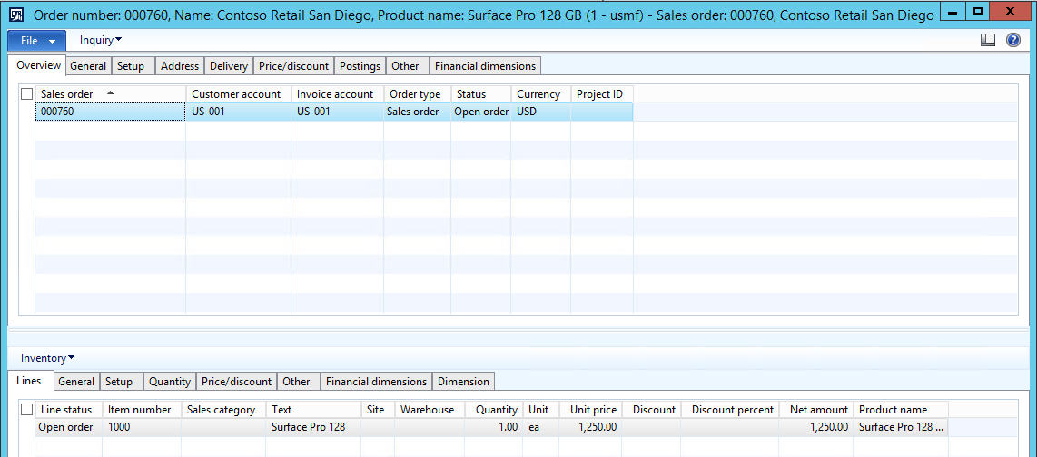 Pressing show to show the sales order and order lines.