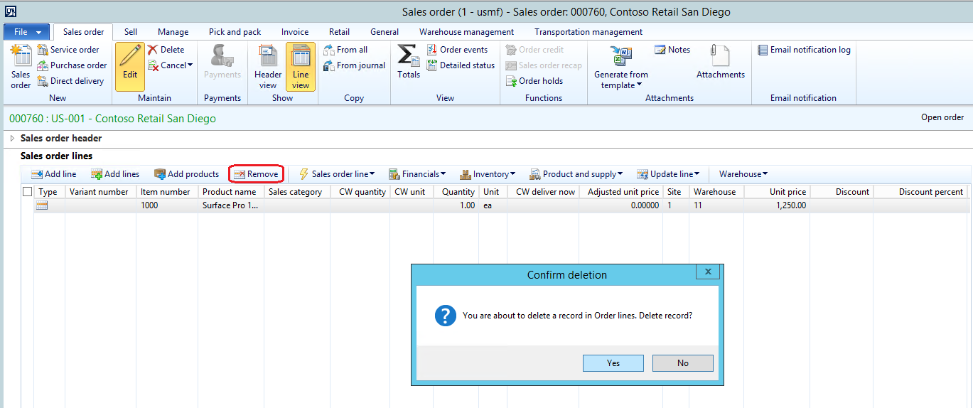 Deleted line is moved to voided sales order form.