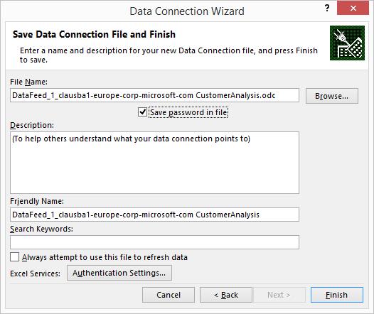 Data connection wizard. Configuration of the data connection file.