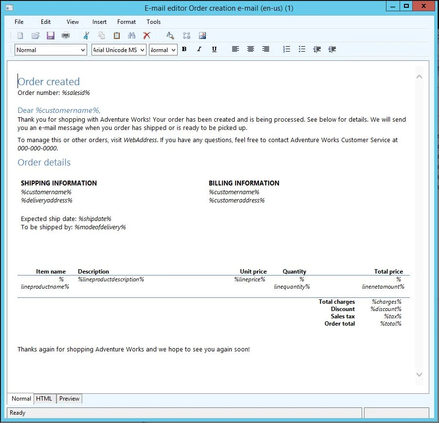 Email editor order creation e-mail.