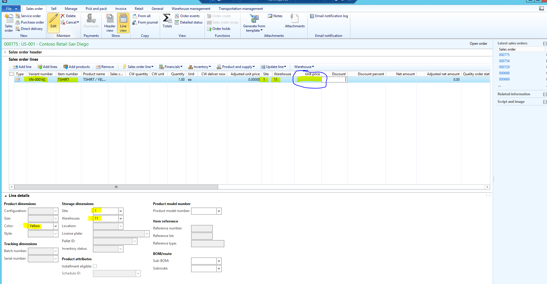 Entering a sales order for the green t-shirt.
