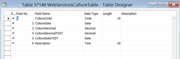 Web services culture table, table designer.