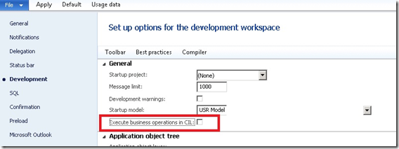 Set up options for the development workspace.