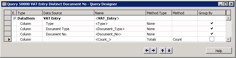 VAT entry distinct document No. Query Designer.