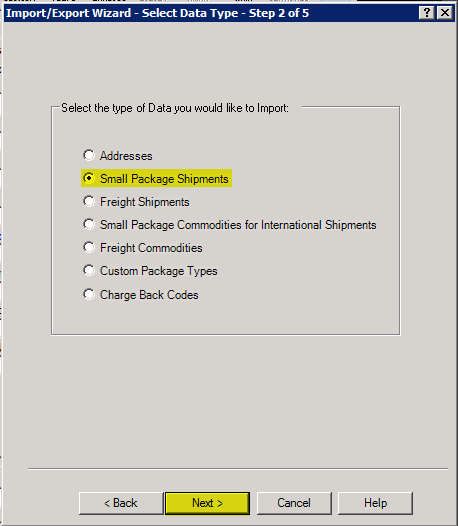 World ship import/export wizard, select data type, step 2 of 5.