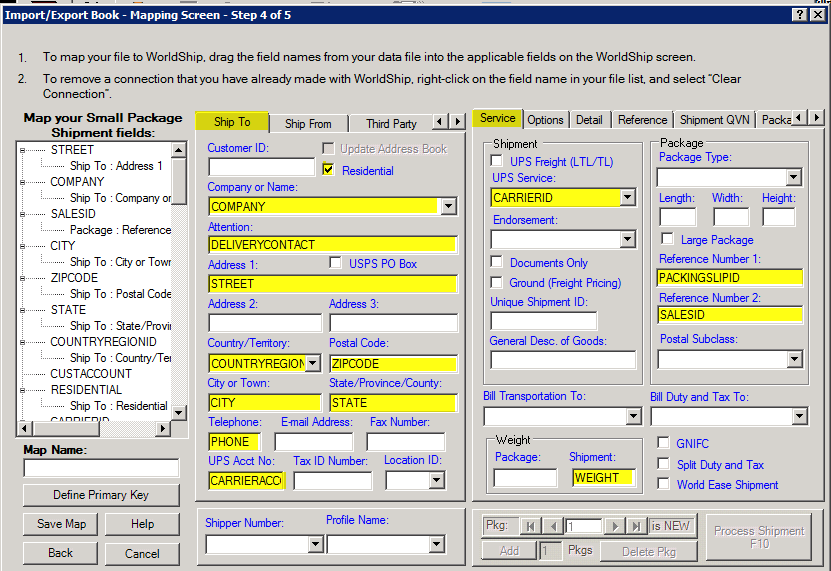 World ship import/export book, mapping screen, step 4 of 5, ship to and service tabs.