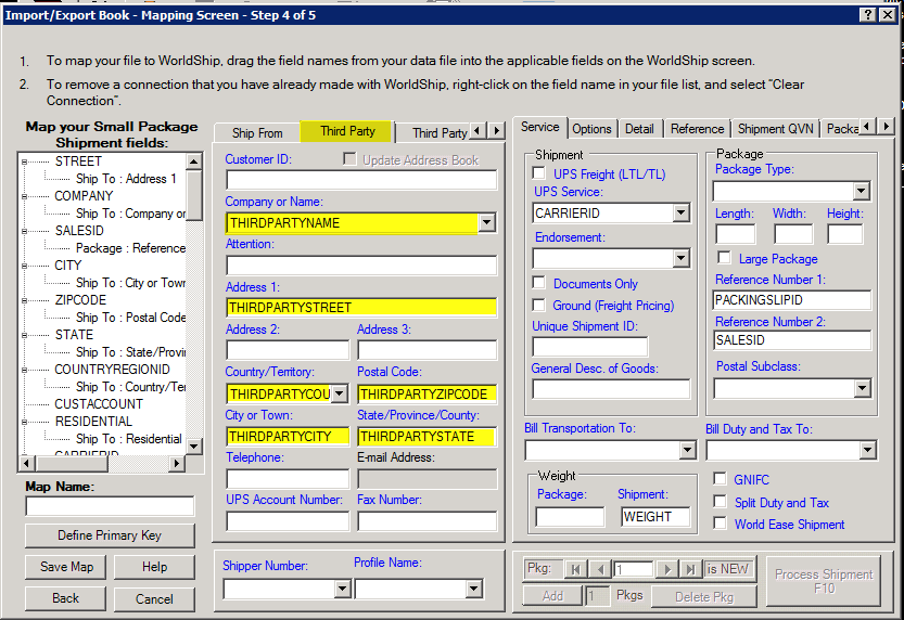 World ship import/export book, mapping screen, step 4 of 5, third party tab.