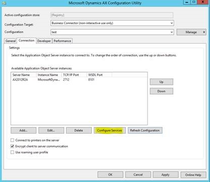 Microsoft Dynamics AX Configuration Utility after clicking the configure services button.
