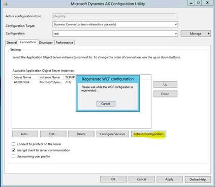 Microsoft Dynamics AX Configuration Utility after clicking the refresh button to load the most recent configuration.