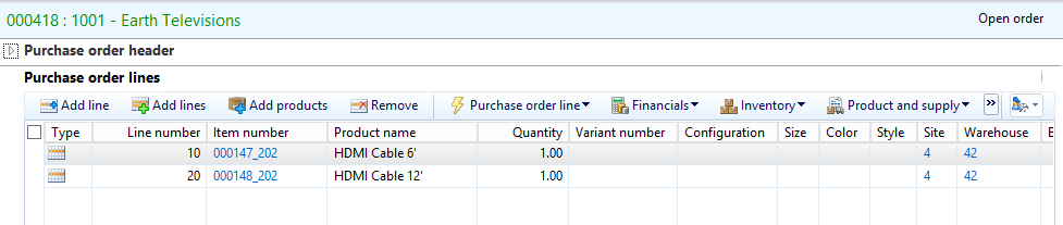 Purchase order with multiple items you want to receive.