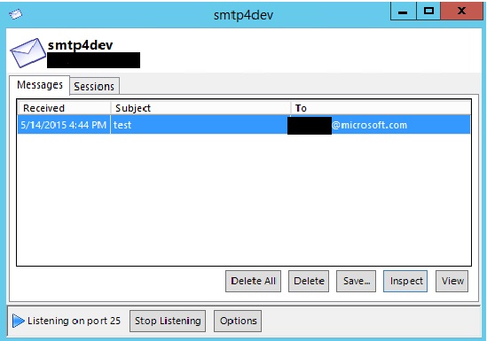 SMTP4Dev tool verifying that the e-mail was received.