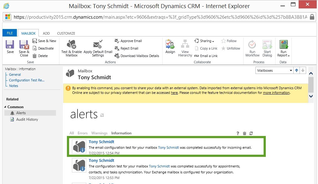 Test and enable results appearing on the alert wall of the mailbox.