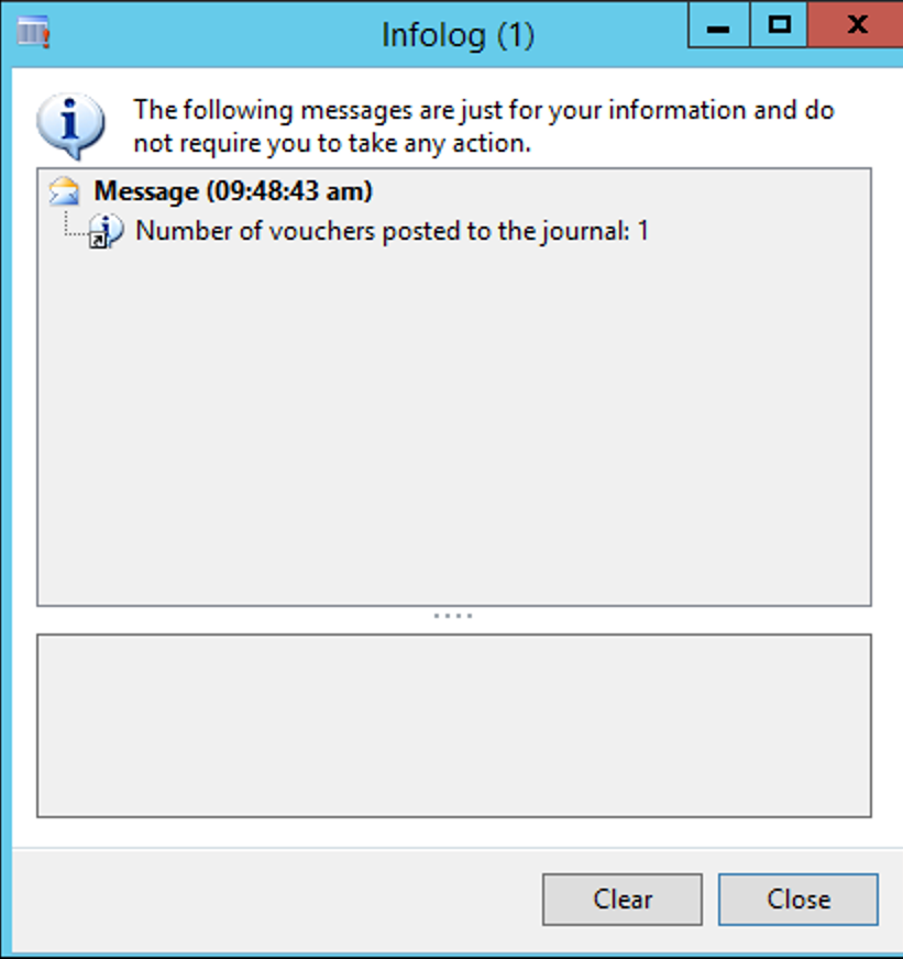 Infolog showing the number of vouchers posted to the journal is one.