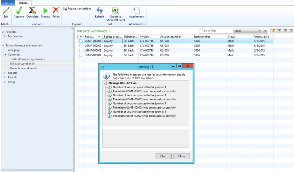 Infolog showing vouchers that have posted.
