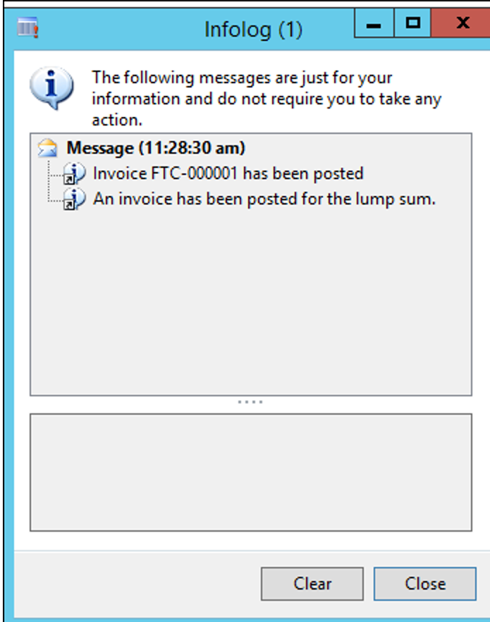 Infolog display stating that the invoice has been posted for the lump sum.