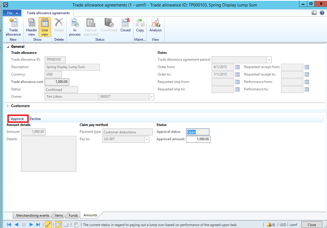 Trade allowance agreements approve button.