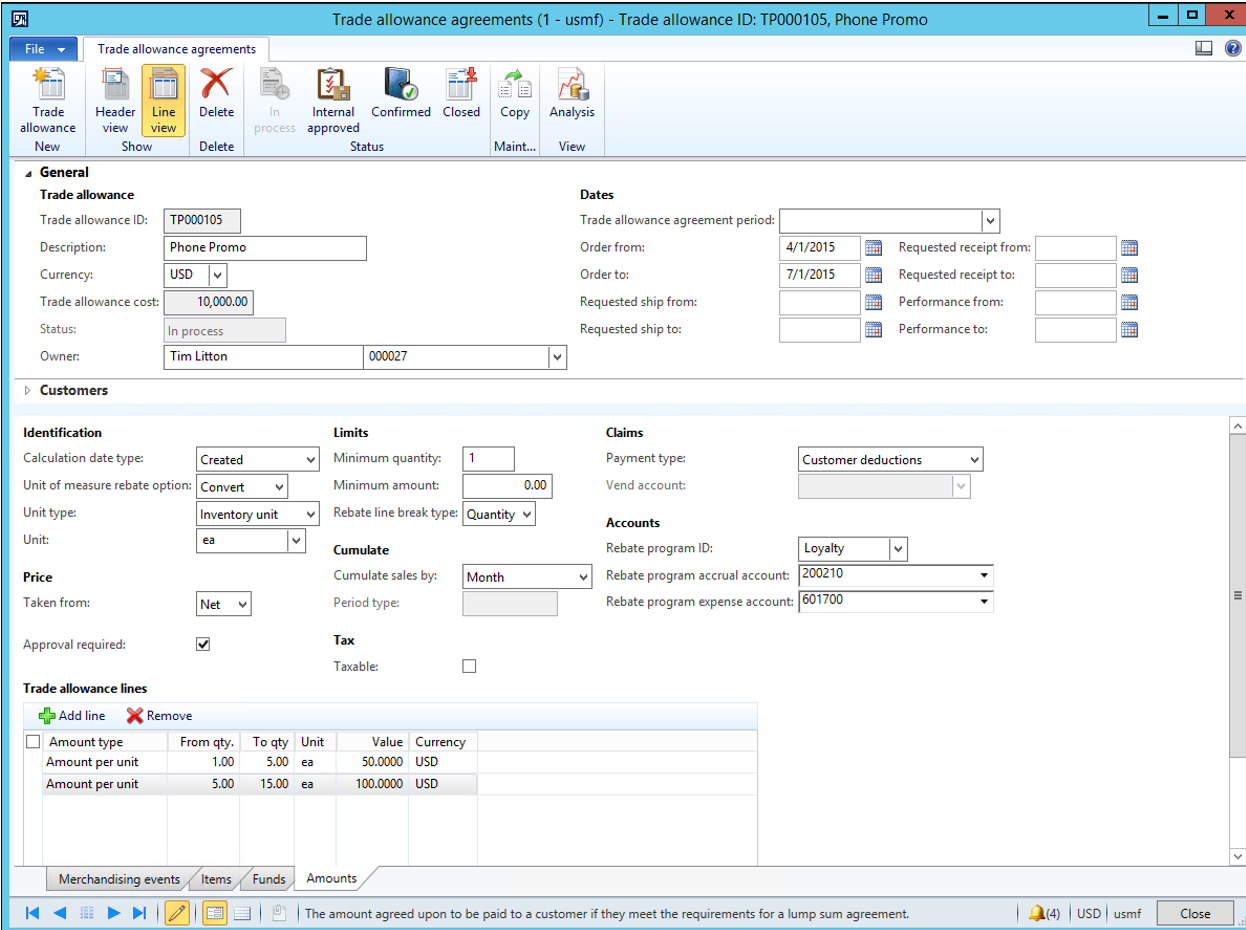 Trade allowance agreements amount type selection.