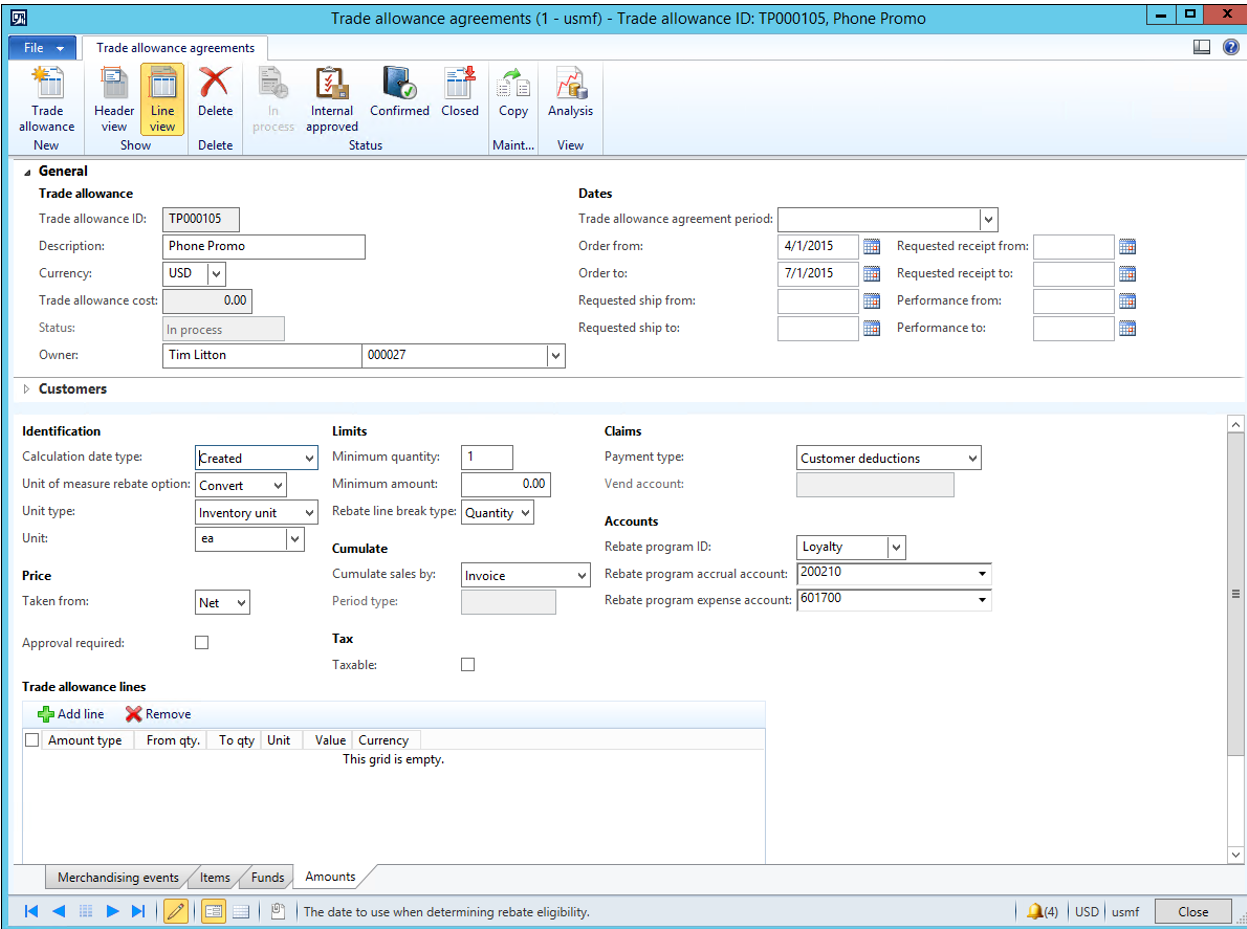 Trade allowance lines section.