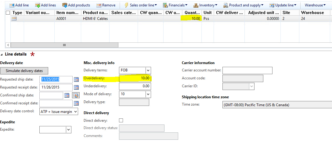 Sales order for item A0001.